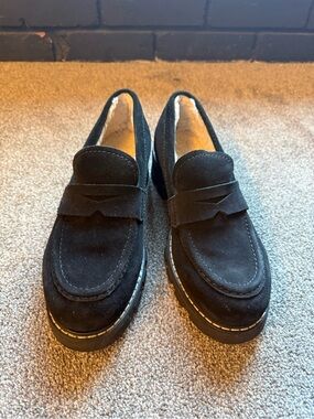 La CANADIENNE Black Suede Shearling Lined Penny Loafers - Women's Slip-On Flats